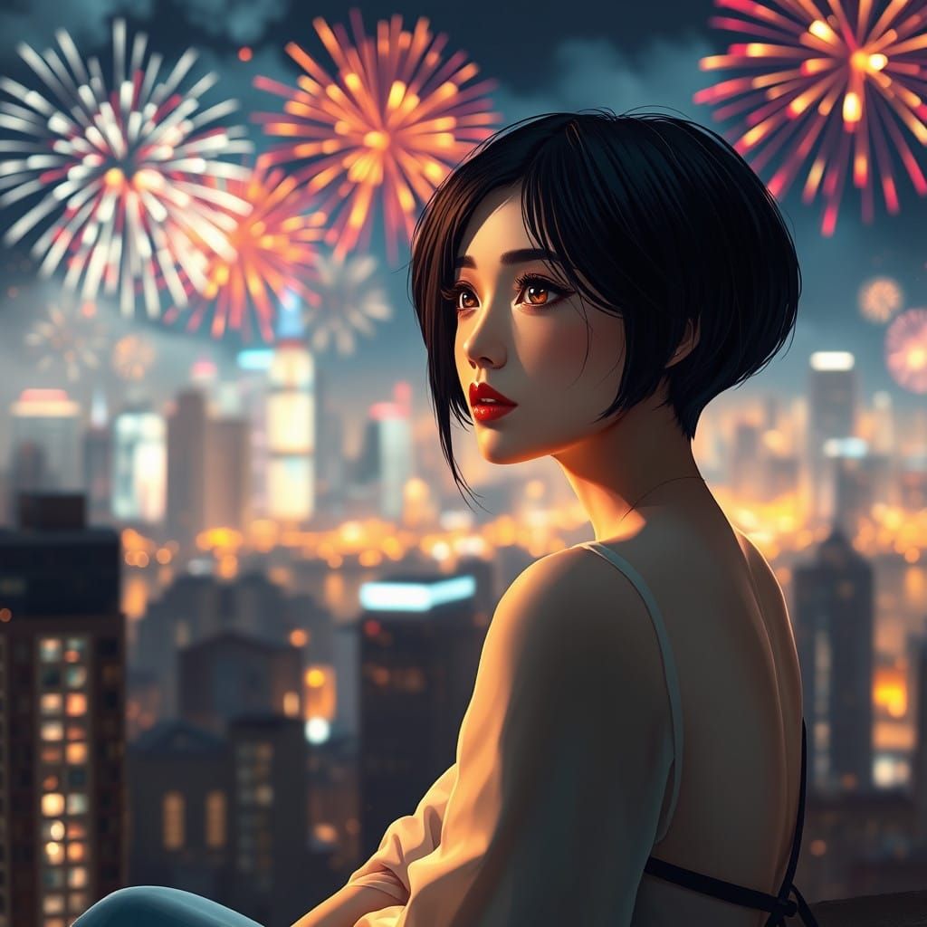 Elegant Woman Gazing into a Futuristic Cityscape at New Year...