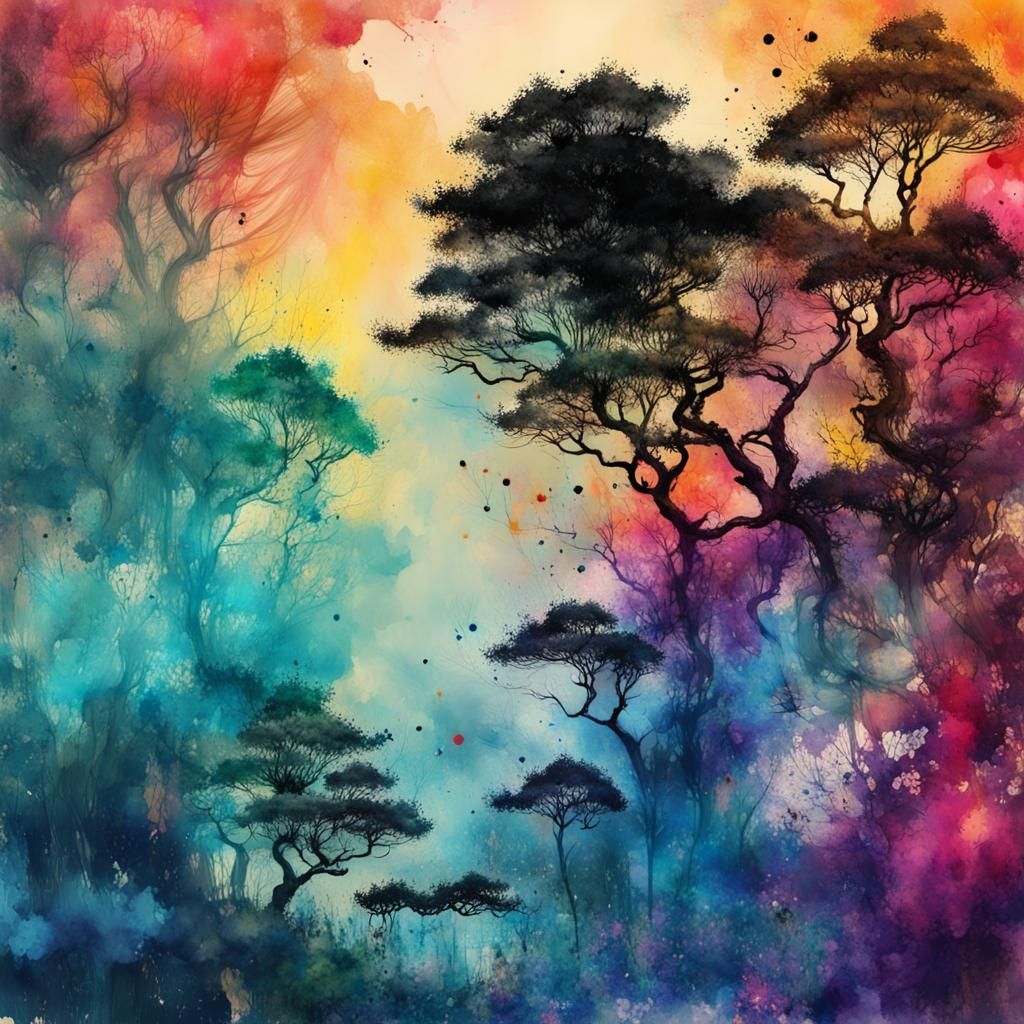 Colorful Ink Splatter Trees in Watercolor Style