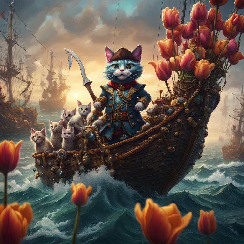 Pirate Cat Army at Sea with Yarn