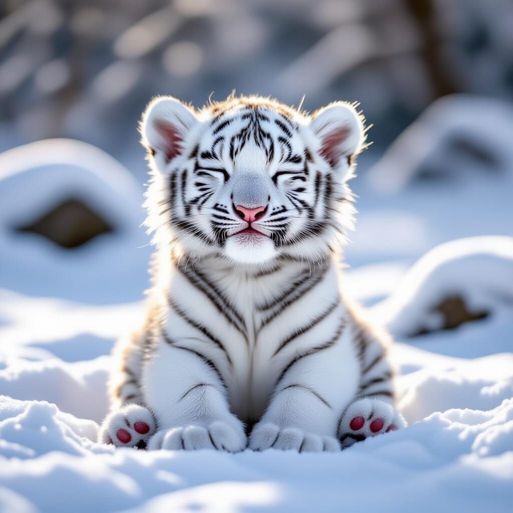 Adorable White Tiger Cub in Snowy Wonderland