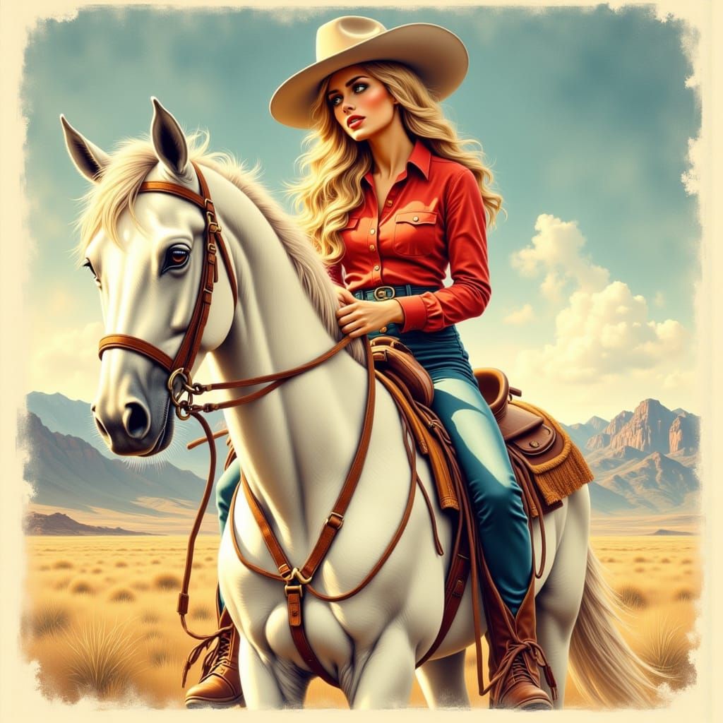 Stylized Cowboy Girl on Horse in Vintage Western Style