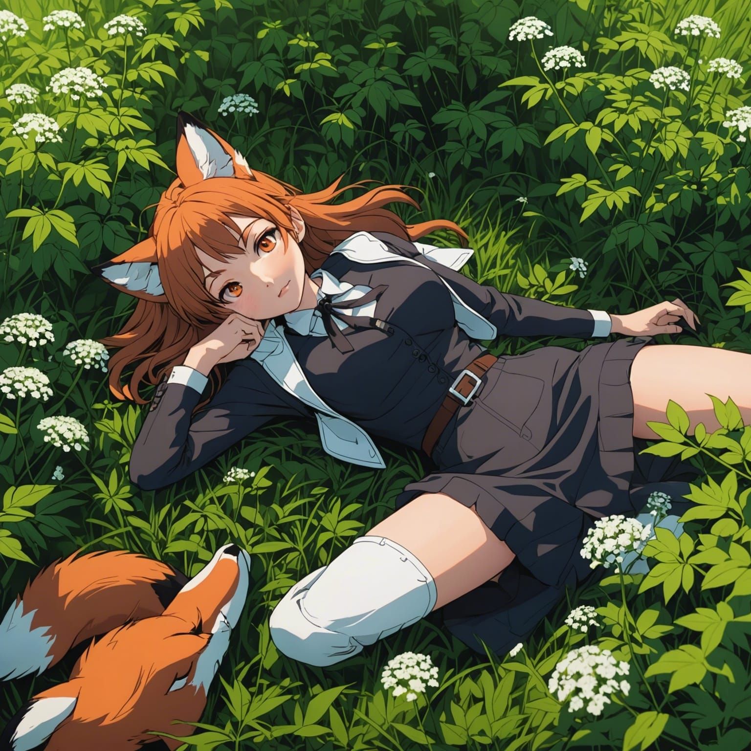 Fox Girl in Poison Hemlock Field: Anime Cel-Shaded Art