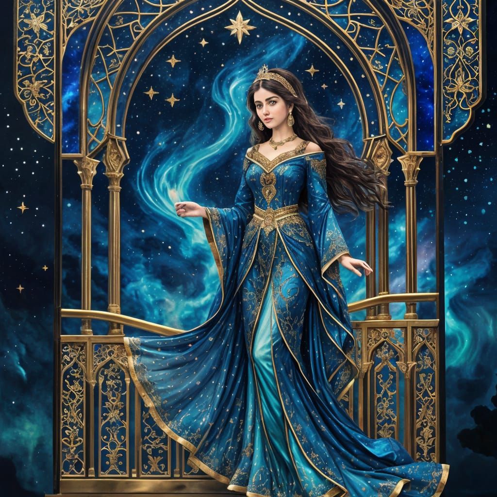 Persian Princess Under Starry Midnight Blue Sky
