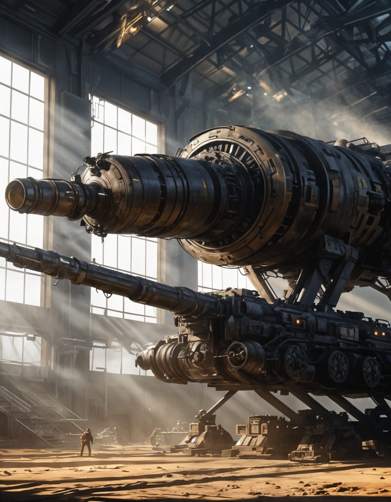 Giant Sci-Fi Cannon in Sunlit Hangar