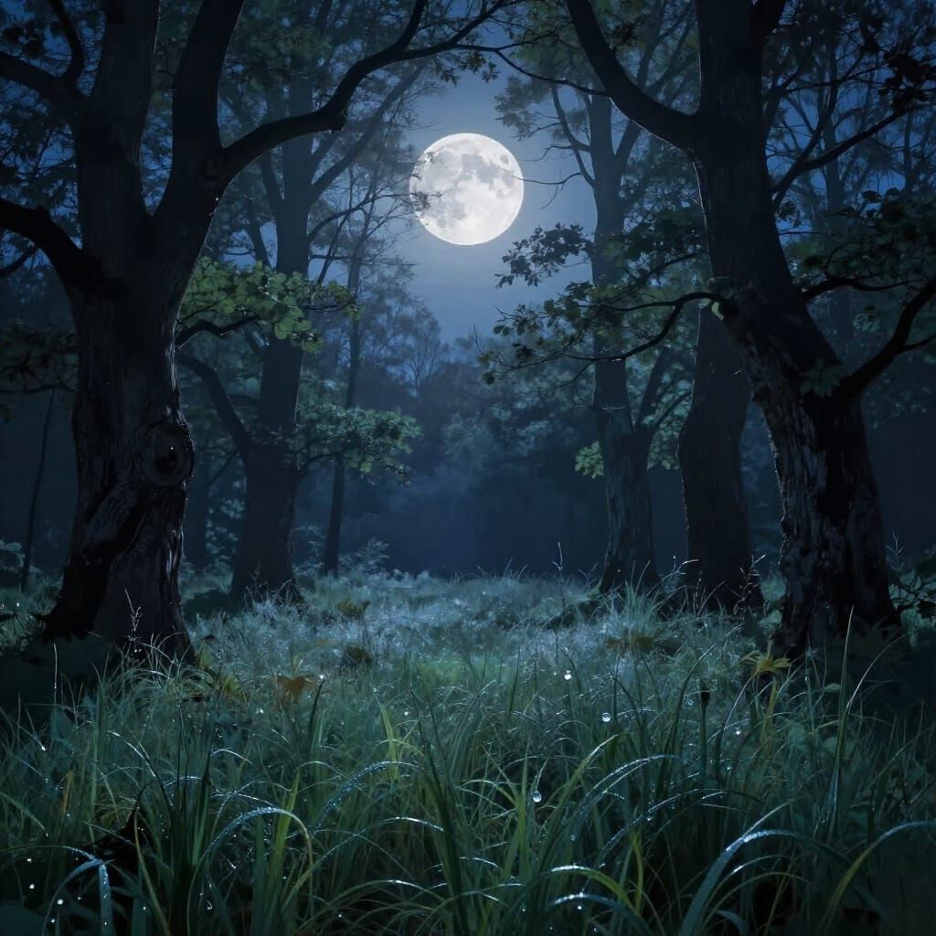 Mystical Forest Clearing Under Ethereal Moonlight