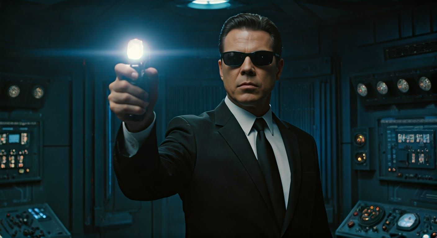 Men in Black Agent with Neuralyzer in High-Tech Room