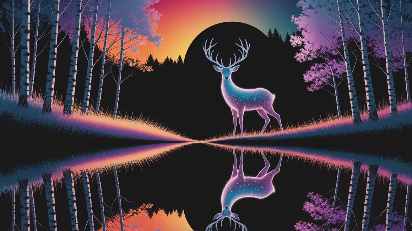 Ethereal Stardust Deer Reflected in Lake at Night