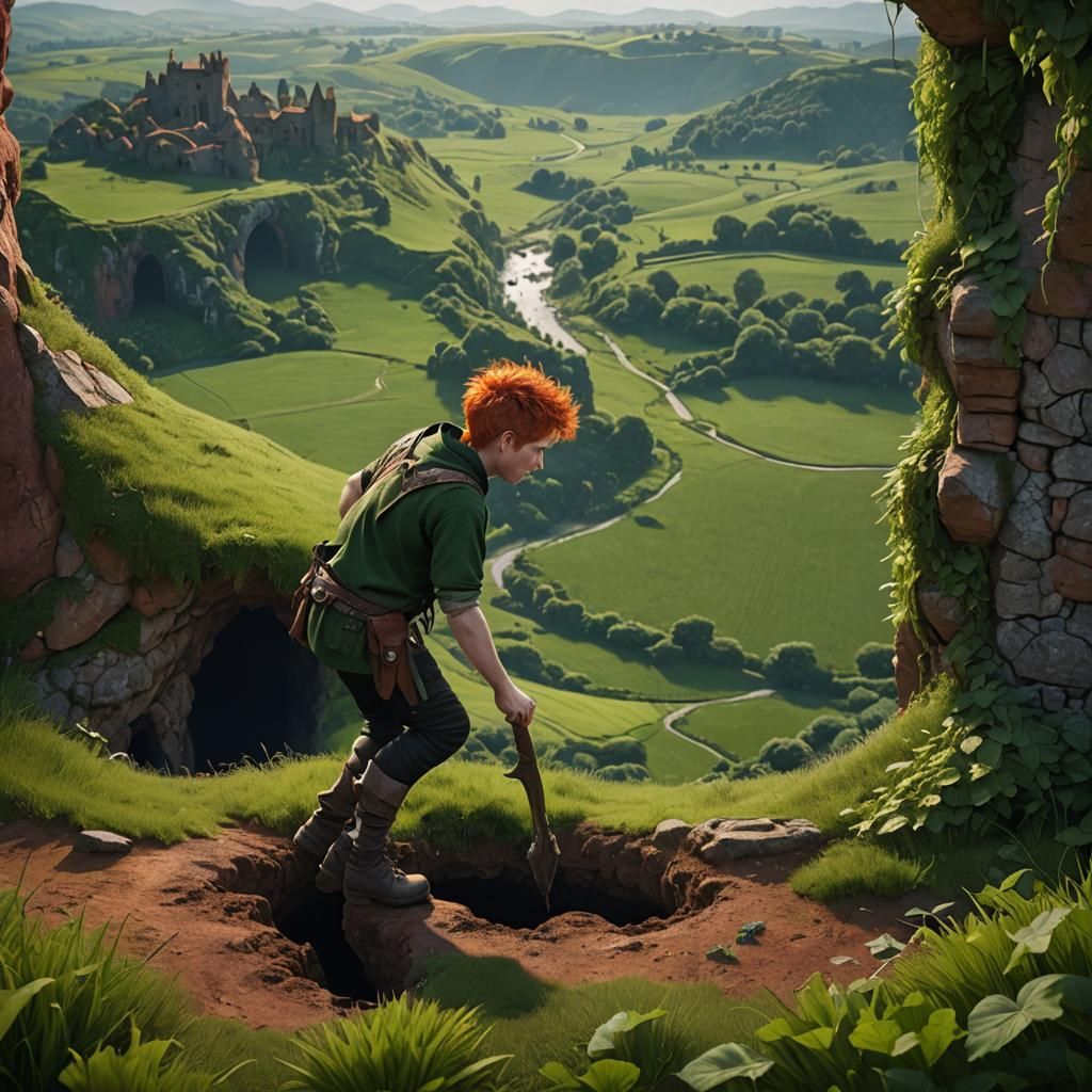 Red Haired Boy in Green Countryside Matte Painting