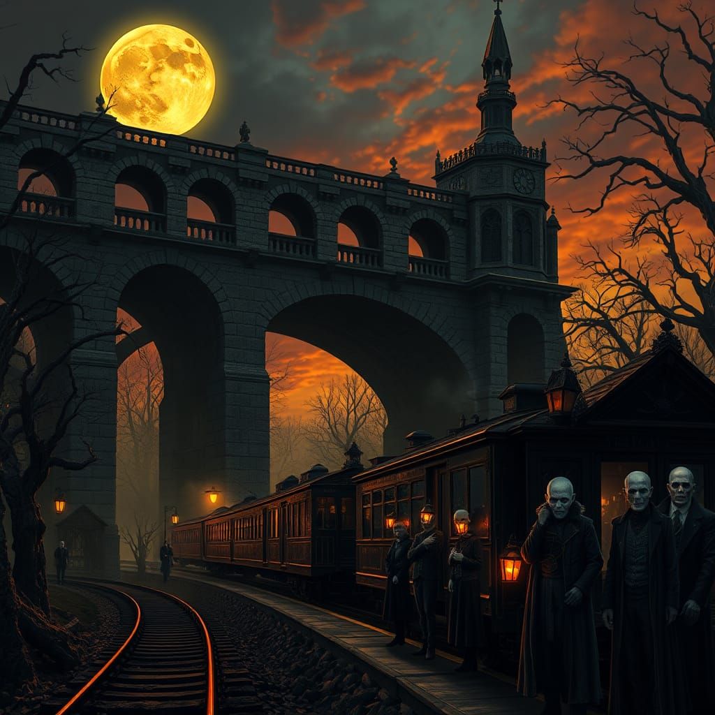 Eerie Train Under Gothic Bridge in Dark Fantasy Style