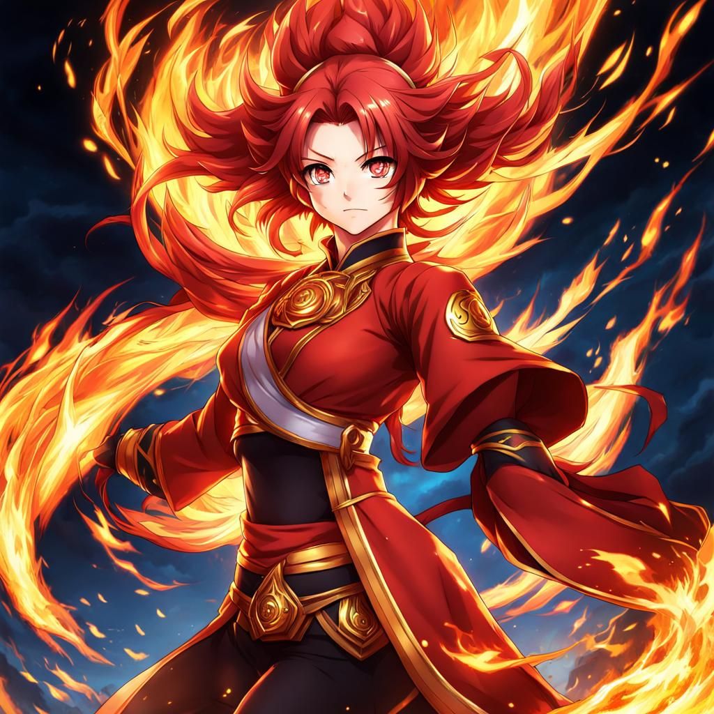 Anime Fire Elemental with Fearless Expression