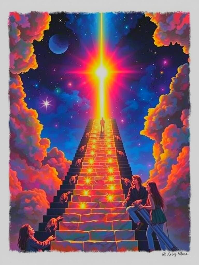 Surreal Rock Goddess Ascends Stairway to Heavenly Realm