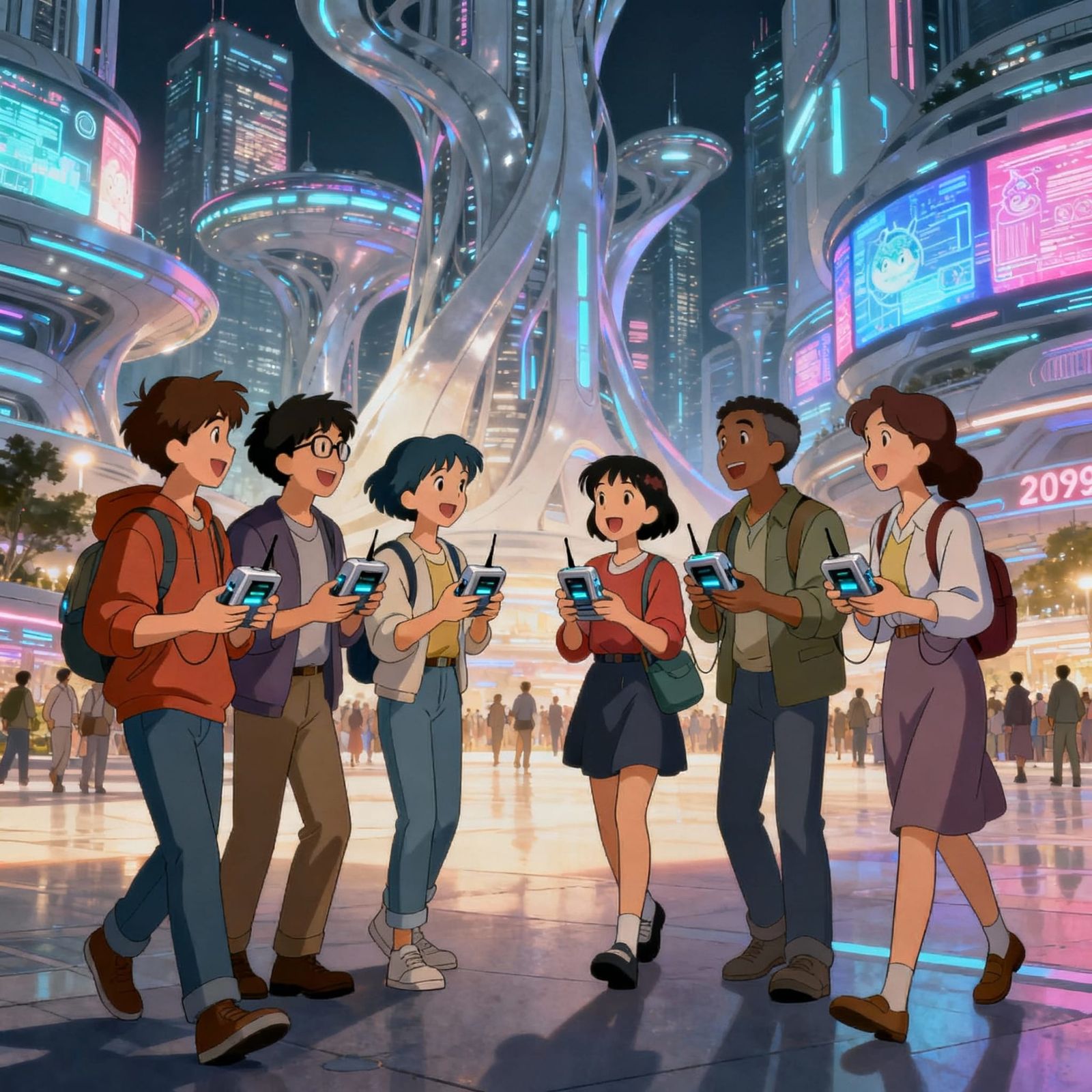 Friends Reunite in Futuristic City Square with Retro Devices