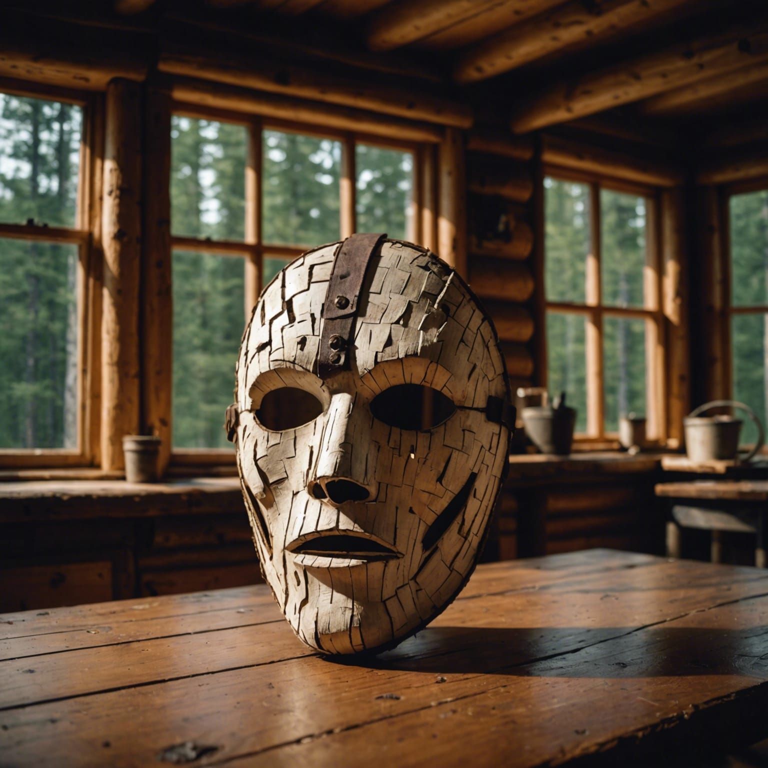 Birch Bark Mask in Cabin: Cinematic Film Still