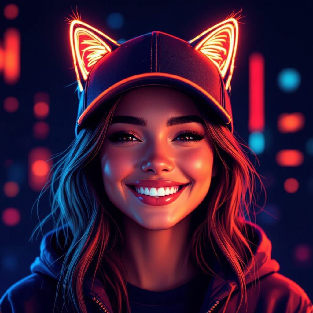 Neon Cyberpunk Wireframe Portrait of Smiling Woman