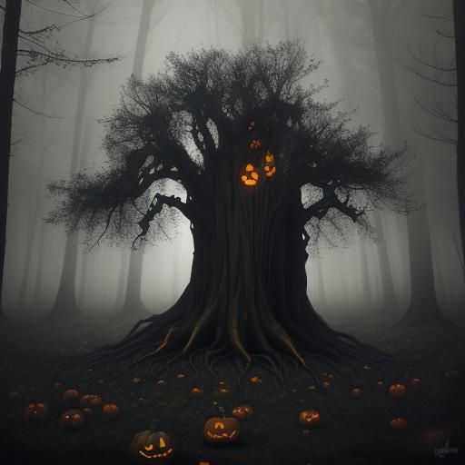 Eerie Jack-o'-Lantern in Misty Forest, Digital Painting