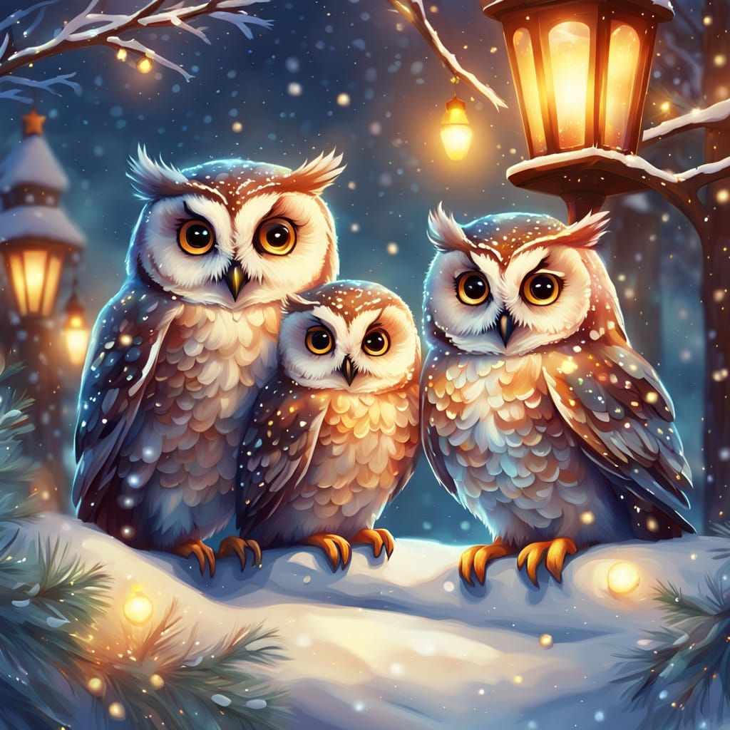 Whimsical Owl Family Christmas in Digital Art