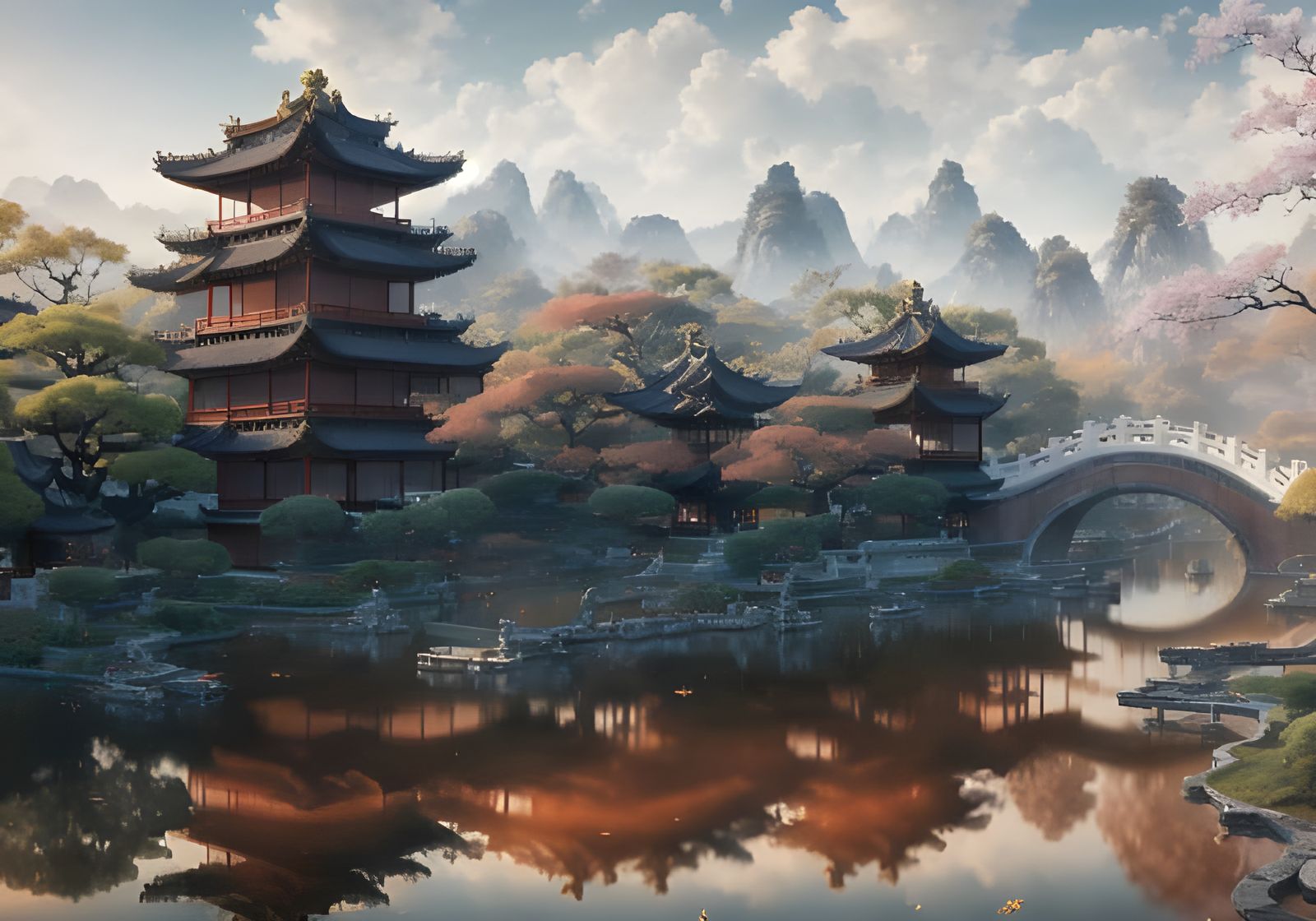 Classical Chinese Garden at Golden Hour