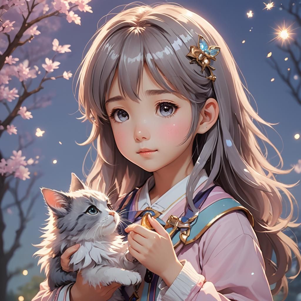 Moe Anime Girl with Pet in Soft Pastel Colors
