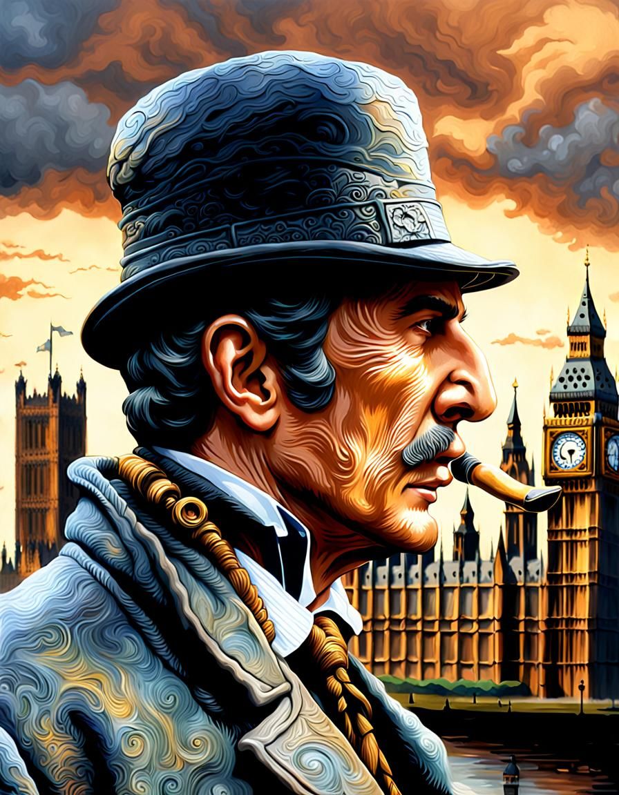 Sherlock Holmes Profile with Big Ben, Chalk Art