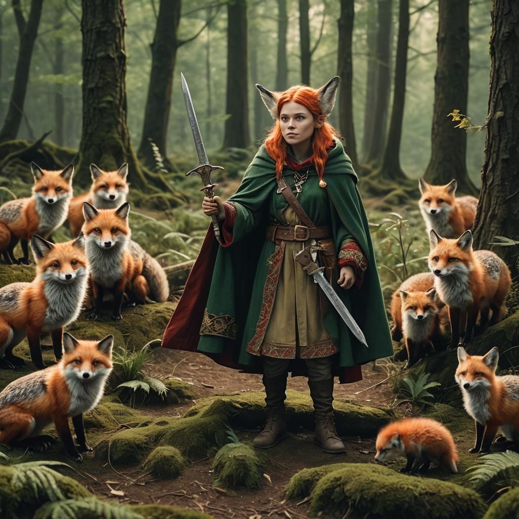 Female Forest Gnome with Foxes, Cinematic Film Still