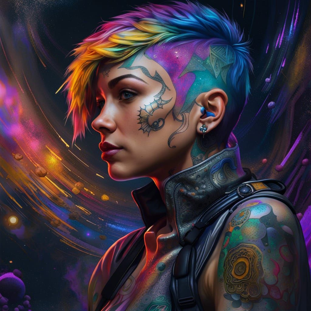 Cyberpunk Tattooed Woman in Space, Digital Art