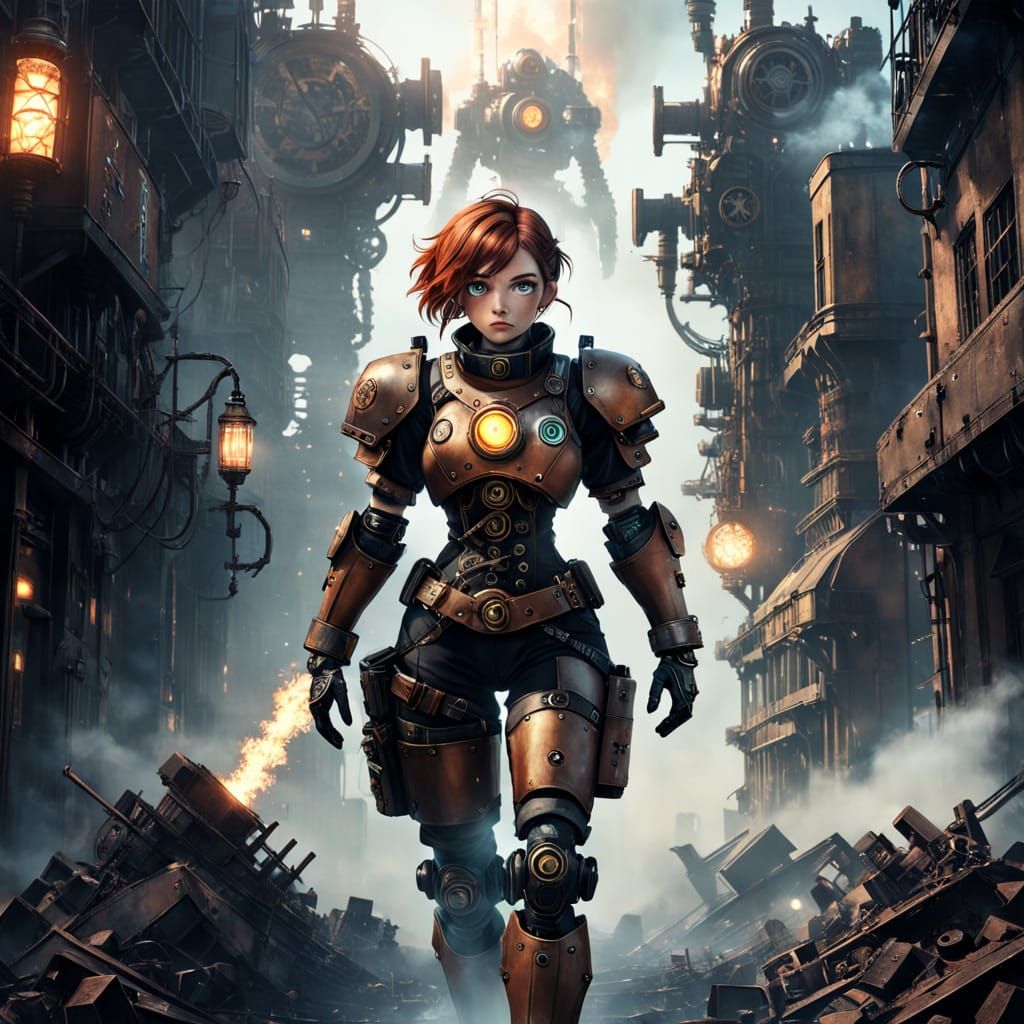 Steampunk Magical Girl in War-Torn City