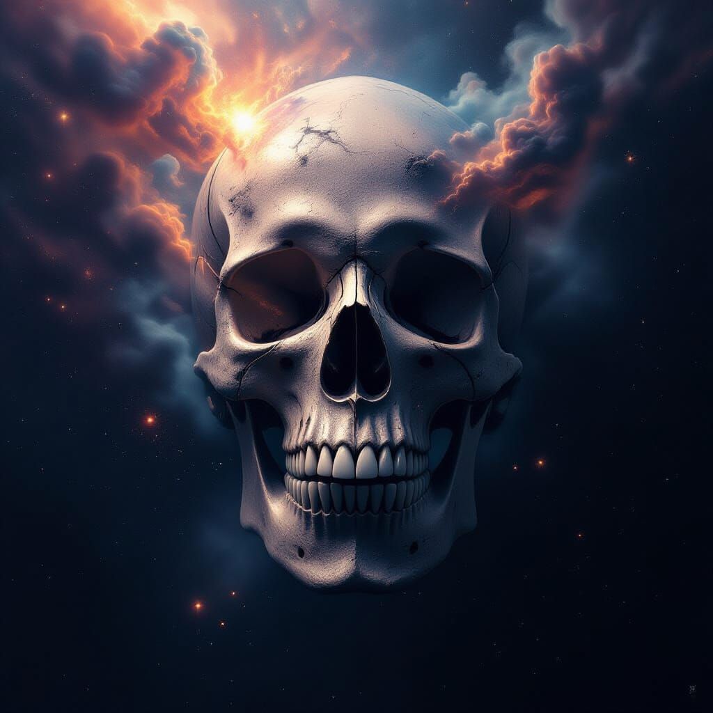 Ancient Skull in Deep Space Amidst Nebulae and Galaxies