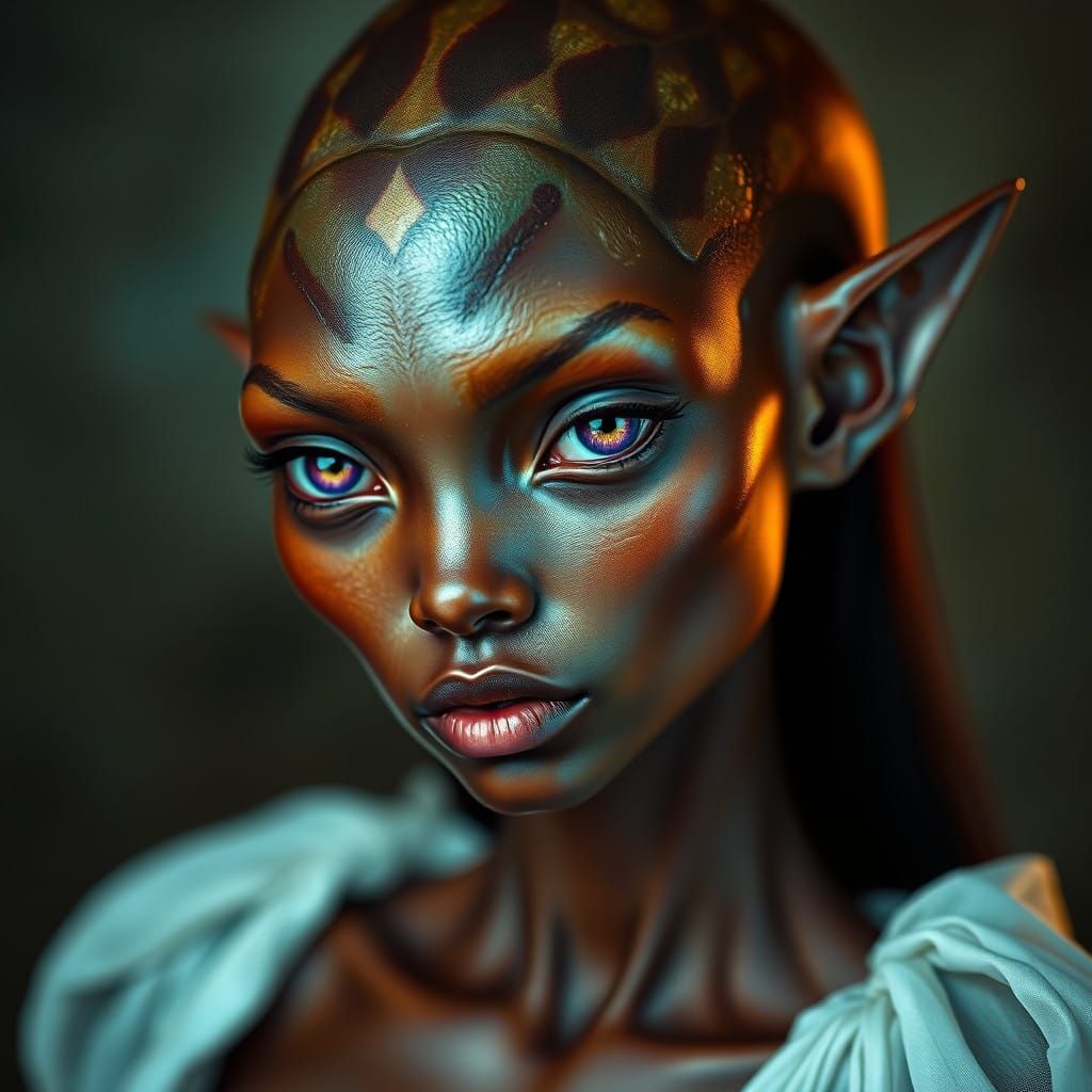Ethereal Alien Maiden in Rich Brown Skin and Iridescent Spot...