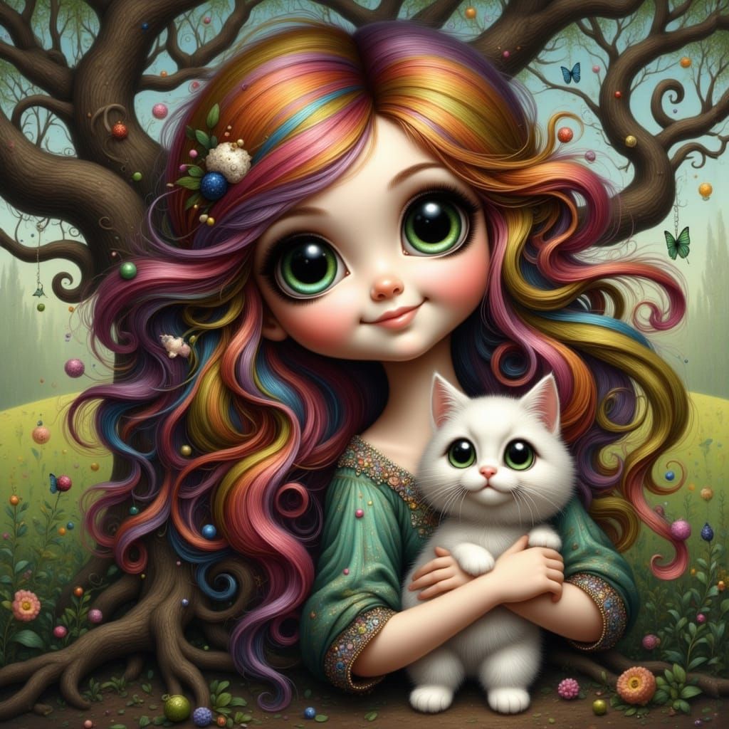 Whimsical Fantasy Girl with Enchanted Kitten
