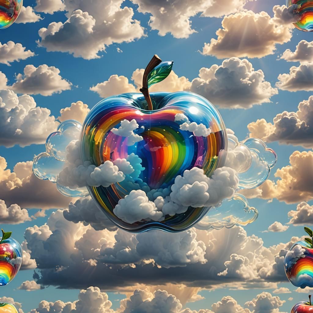 Glass Apple on Glass Clouds with Rainbow Swirls