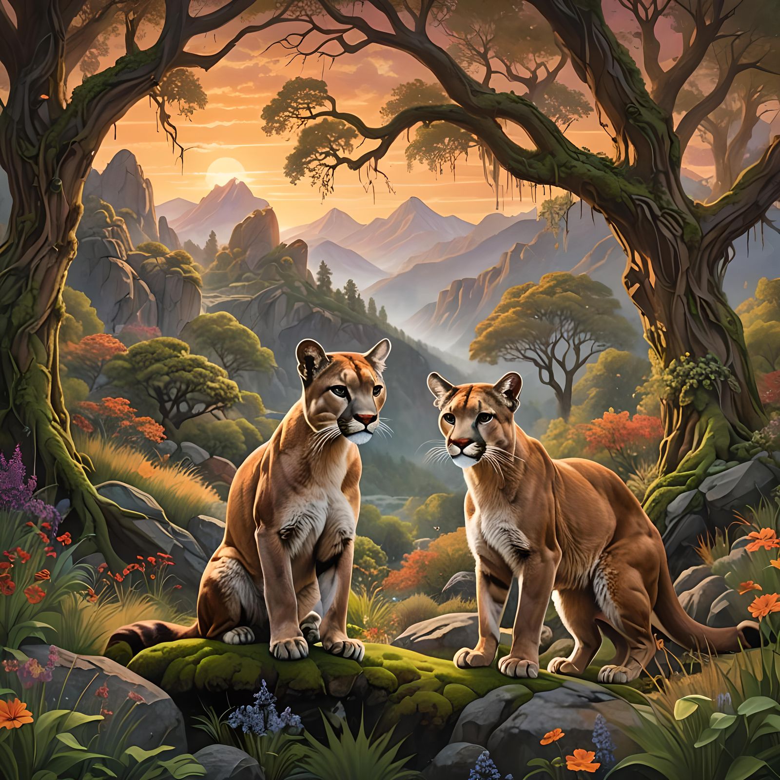 Cougar and Fawn in Sunset Luminescence