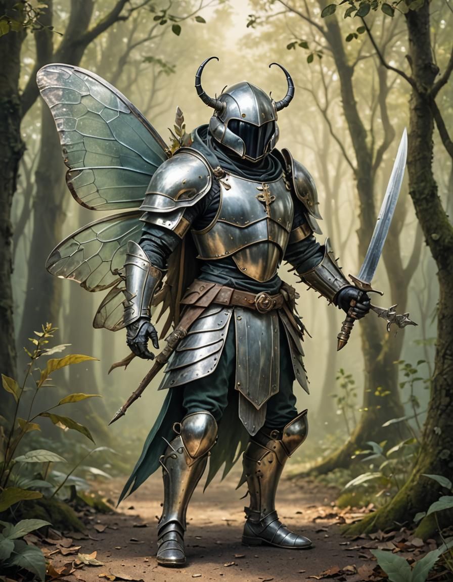 Small Armored Fairy with Beetle Wings in Woods