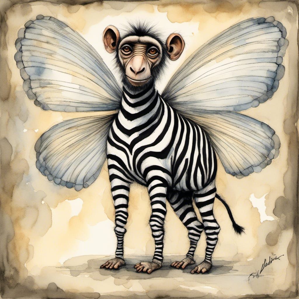 Whimsical Winged Zebra Monkey Watercolour Illustration