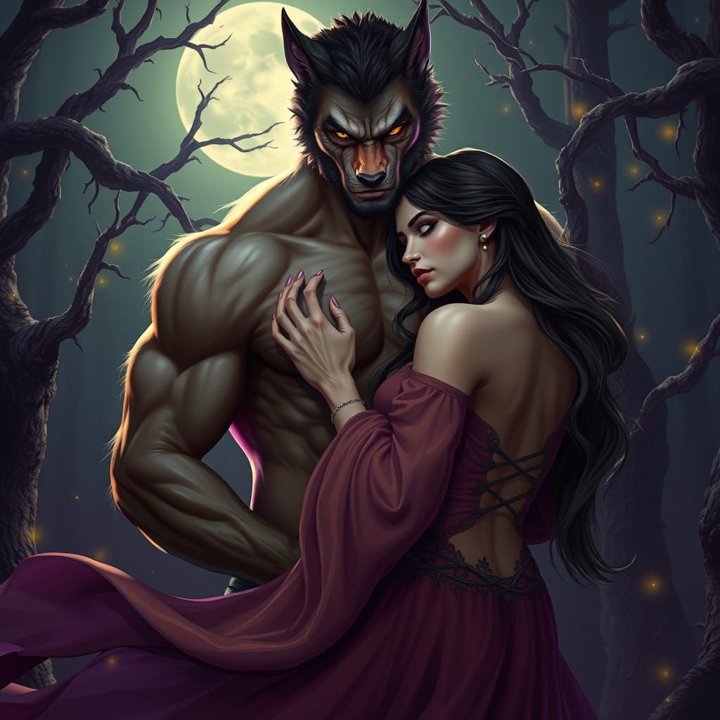 Moonlit Embrace: Werewolf and Lover in Whispers of the Woods