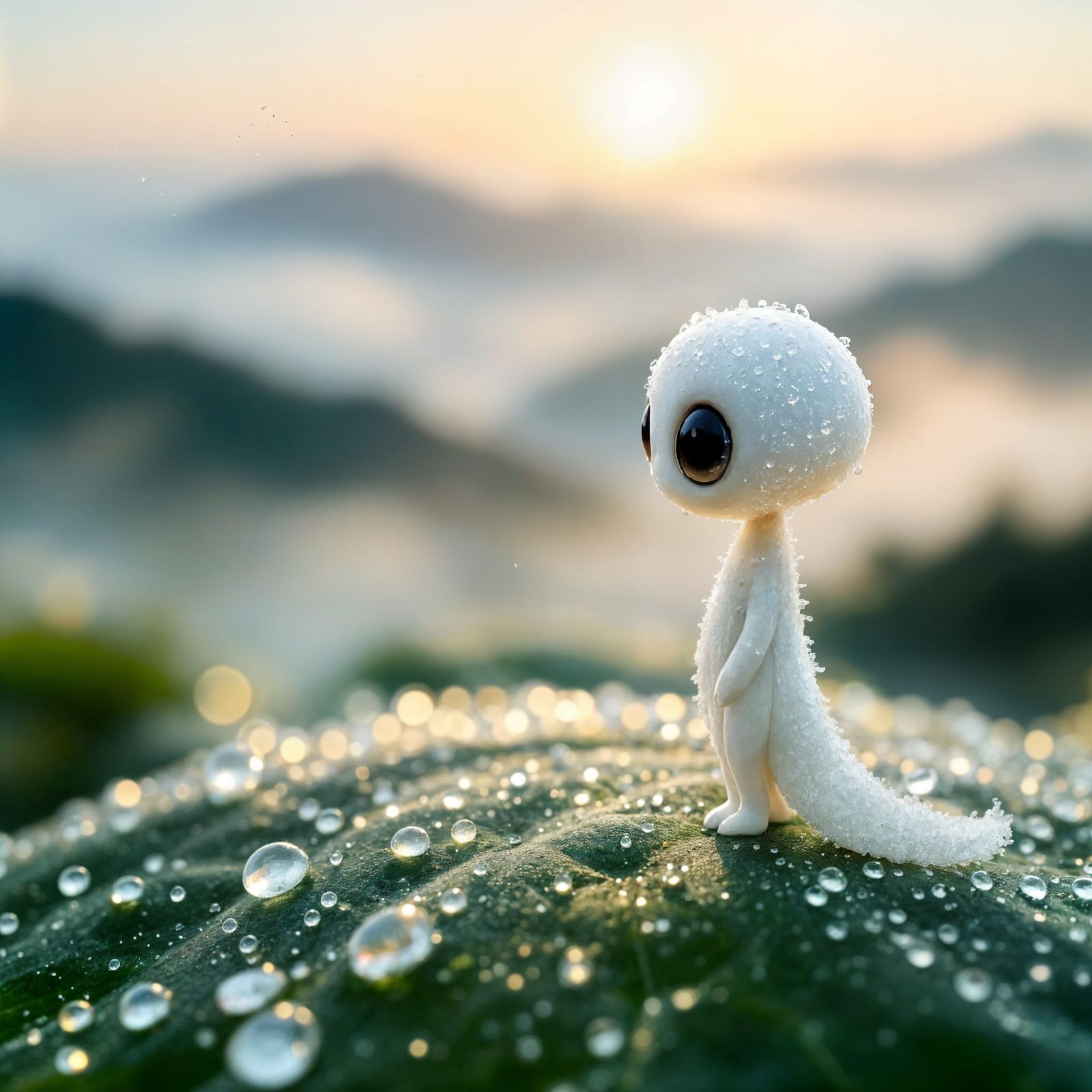 Ethereal Creature Amidst Dewy Landscape in Soft, Pastel Hues