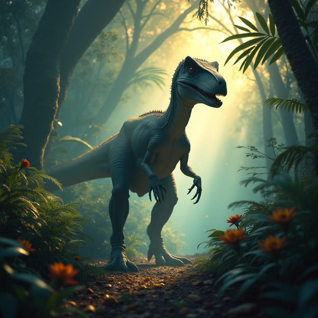 Majestic Velociraptor Embarks into Ancient Forest