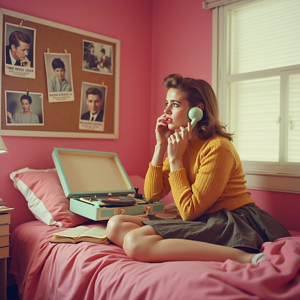 1960s Teen Girl Listening to Music, Retro Style