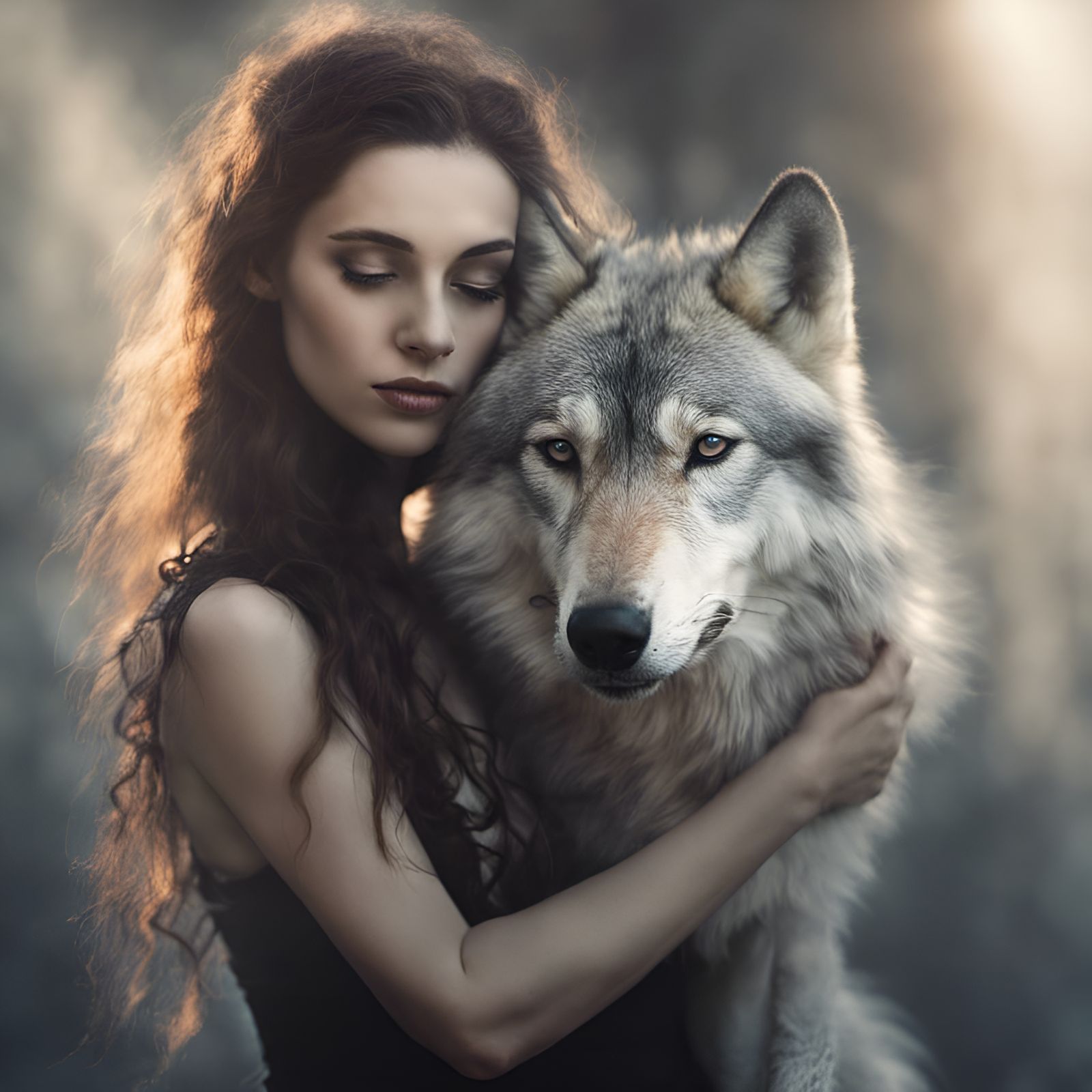 Gothic Woman with Wolf in Divine Light