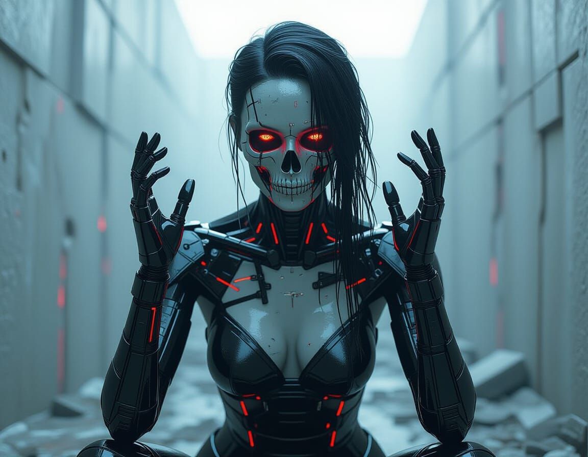 Cyberpunk Statue of Futuristic Woman with Digital Skull