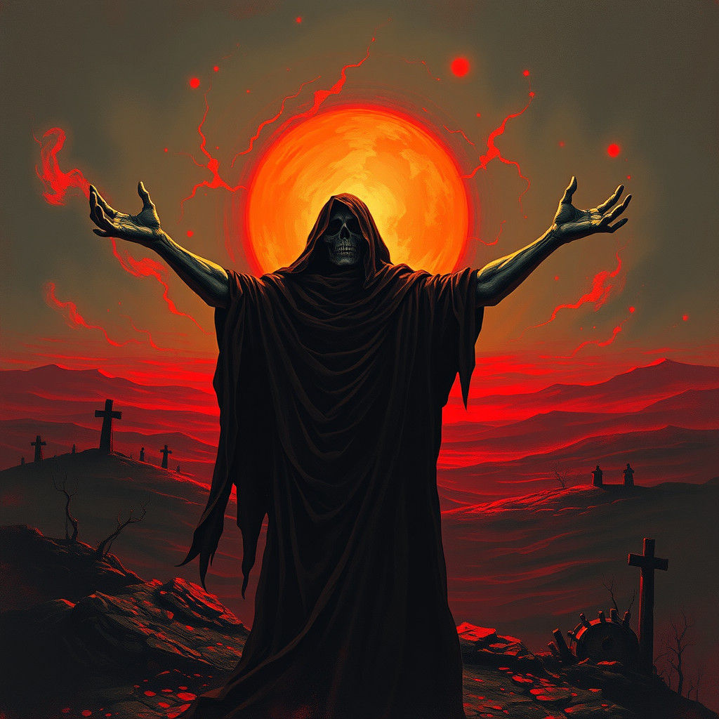 Macabre Figure Praising a Bloodied Sunset in Gothic Art