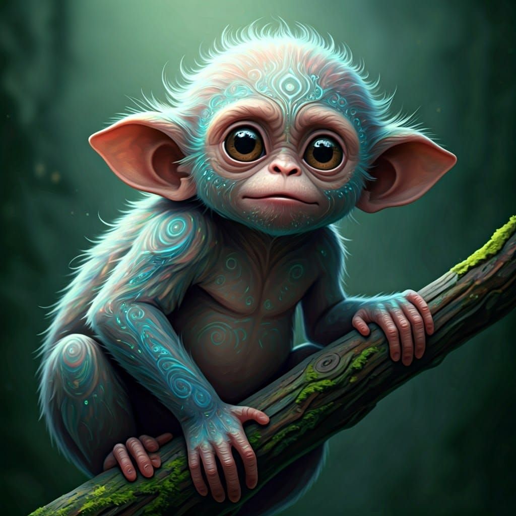 Mystical Half-Ape Creature with Bioluminescent Markings