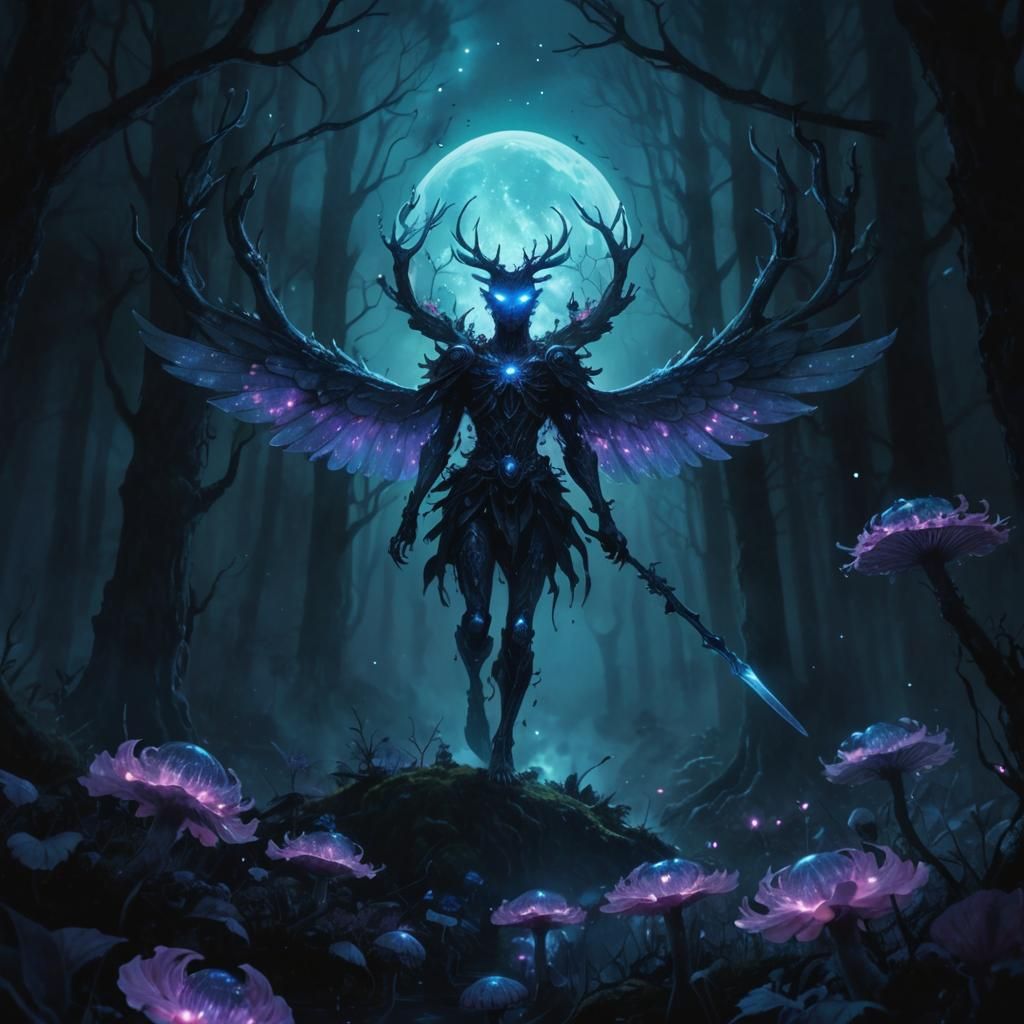 Demonic Angel in Bioluminescent Forest: Dark Fantasy Art