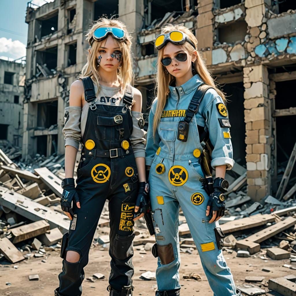 two 11 year old girls, dressed in cyberpunk overalls, one pi...