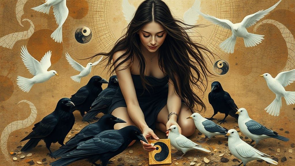 Woman Gathering Yin Yang Shards with Crows and Birds