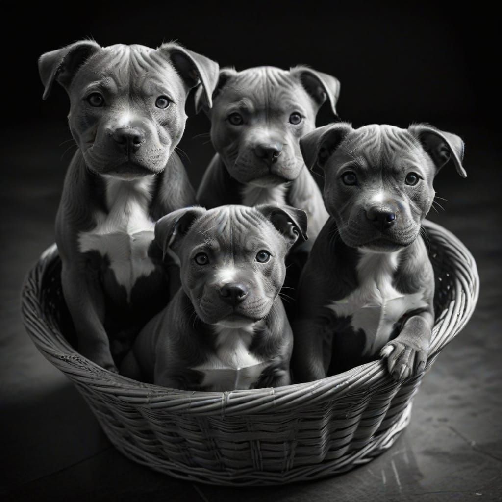 Pit Bull Puppies in Basket: Sin City Graphite Sketch