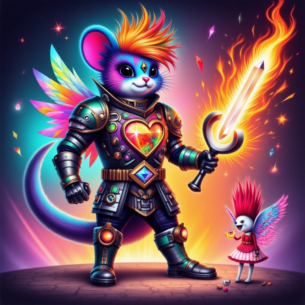 <lora:PF7:1.0> Picture a mighty morphic rodent ranger, clad ...