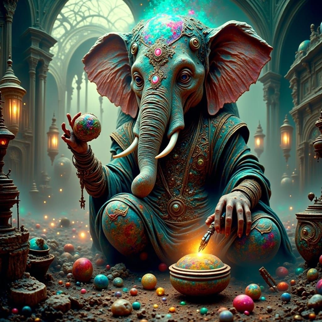 Ganesha in Neon Dreamscape Supervising Ritual