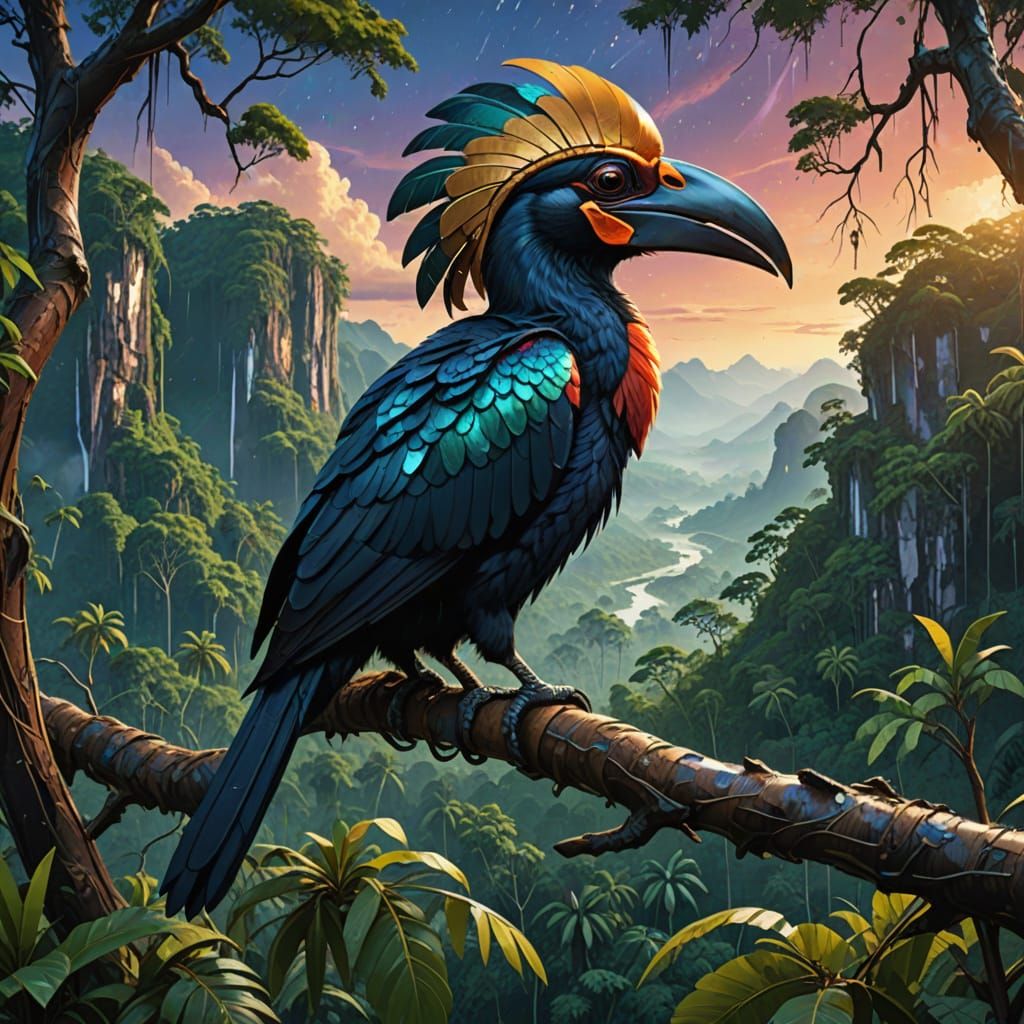 Vibrant Sulawesi hornbill with iridescent feathers perching ...