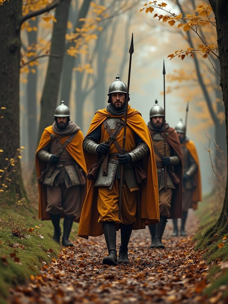 Medieval Soldiers Marching Through Woods
