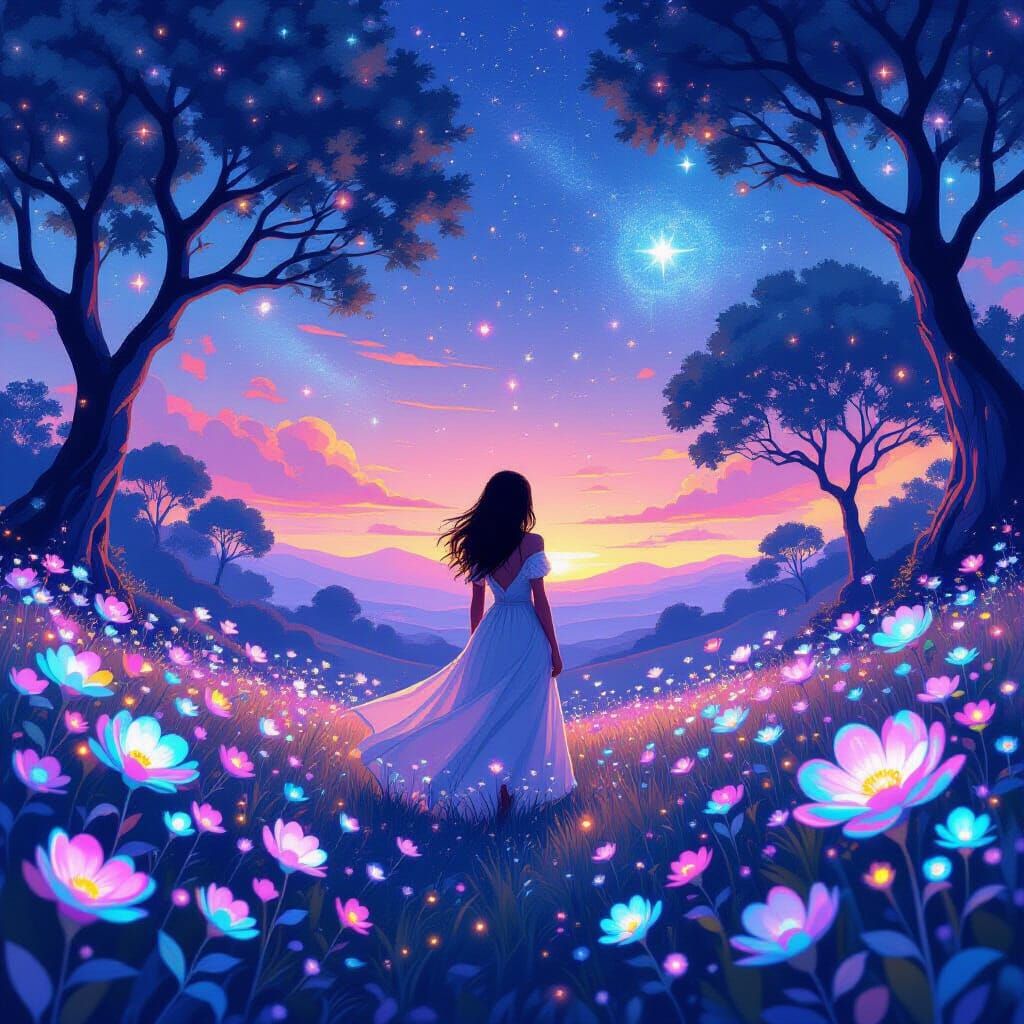 Whimsical Woman in a Luminous Cosmic Landscape